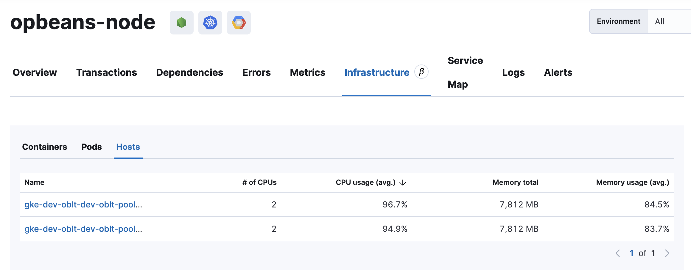 Example view of the Infrastructure tab in the Applications UI