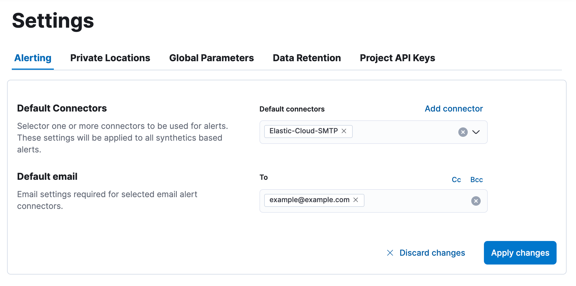Alerting tab on the Synthetics Settings page in an Observability project