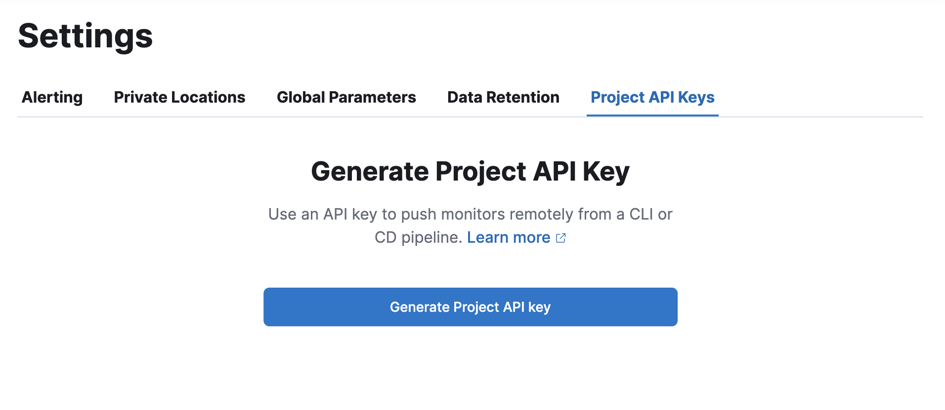 Project API keys tab on the Synthetics Settings page in an Observability project