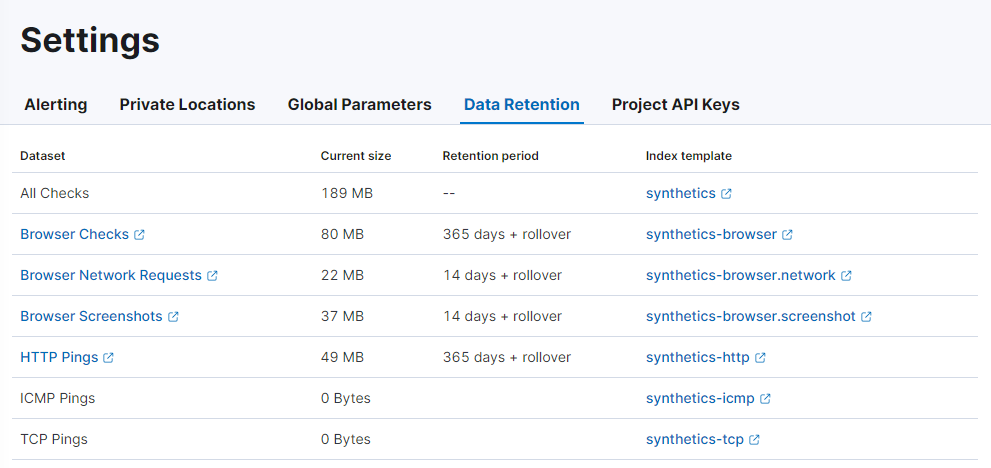 Data retention tab on the Synthetics Settings page in an Observability project