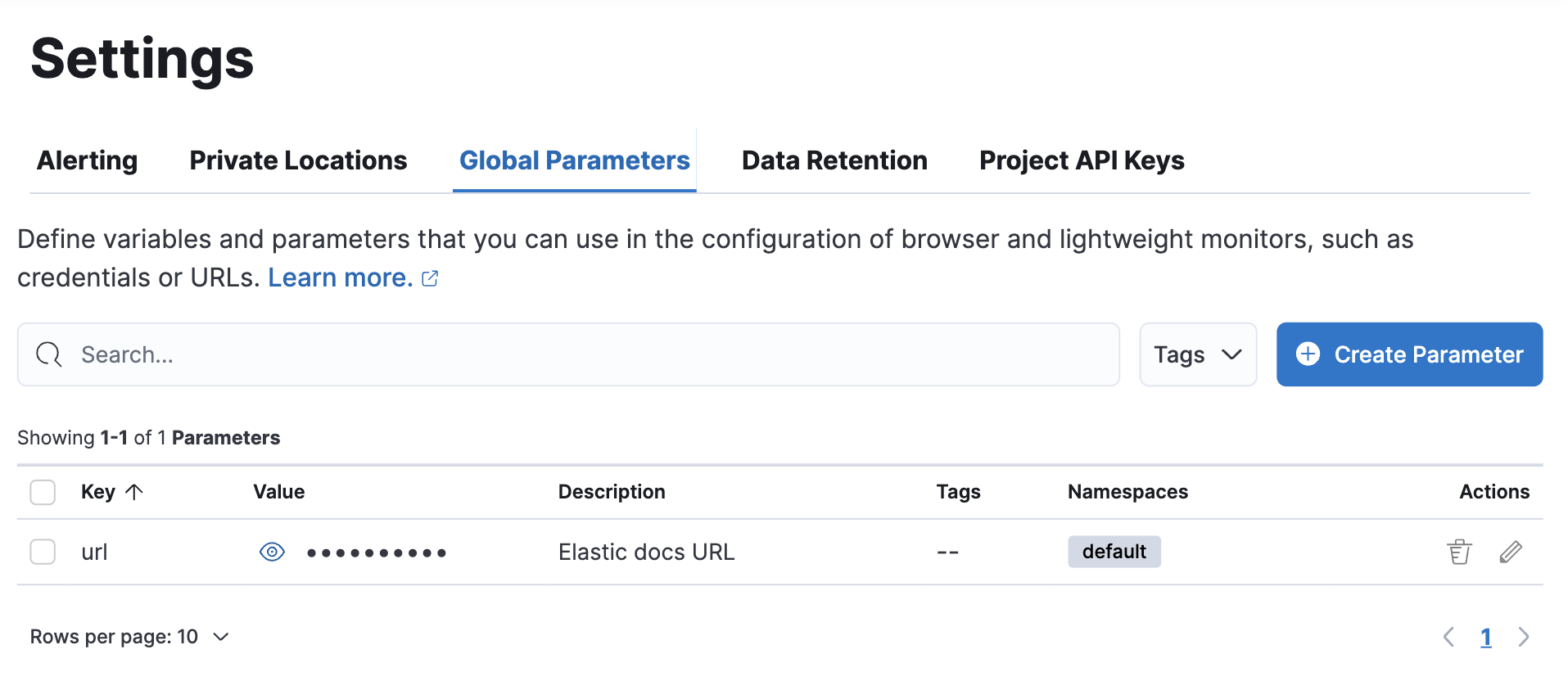 Global parameters tab on the Synthetics Settings page in an Observability project