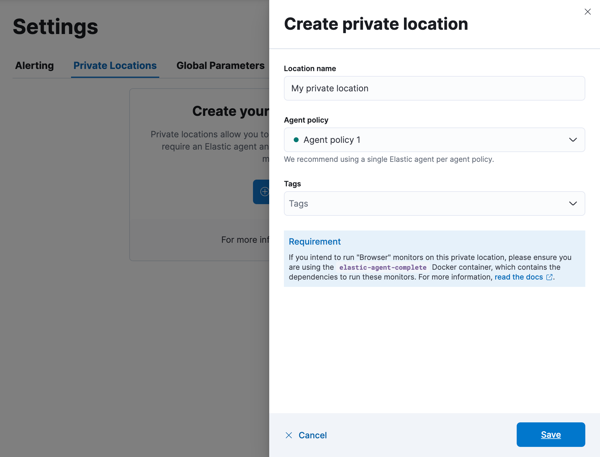 Private Locations tab on the Synthetics Settings page in an Observability project