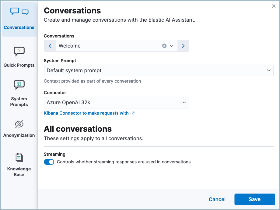 AI Assistant's settings menu, open to the Conversations tab
