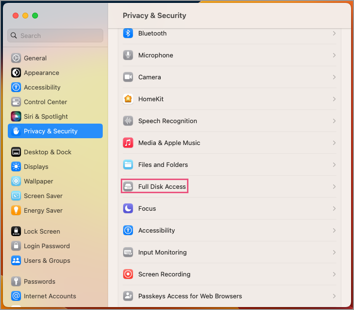 Select Full Disk Access