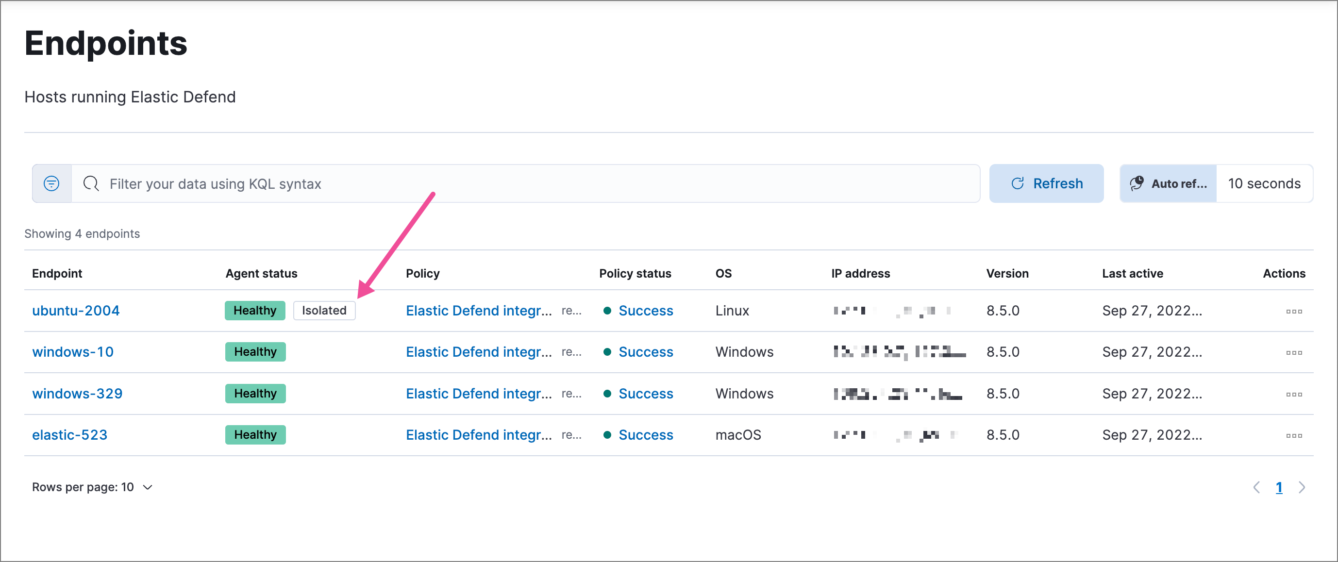 Endpoint page highlighting a host that's been isolated