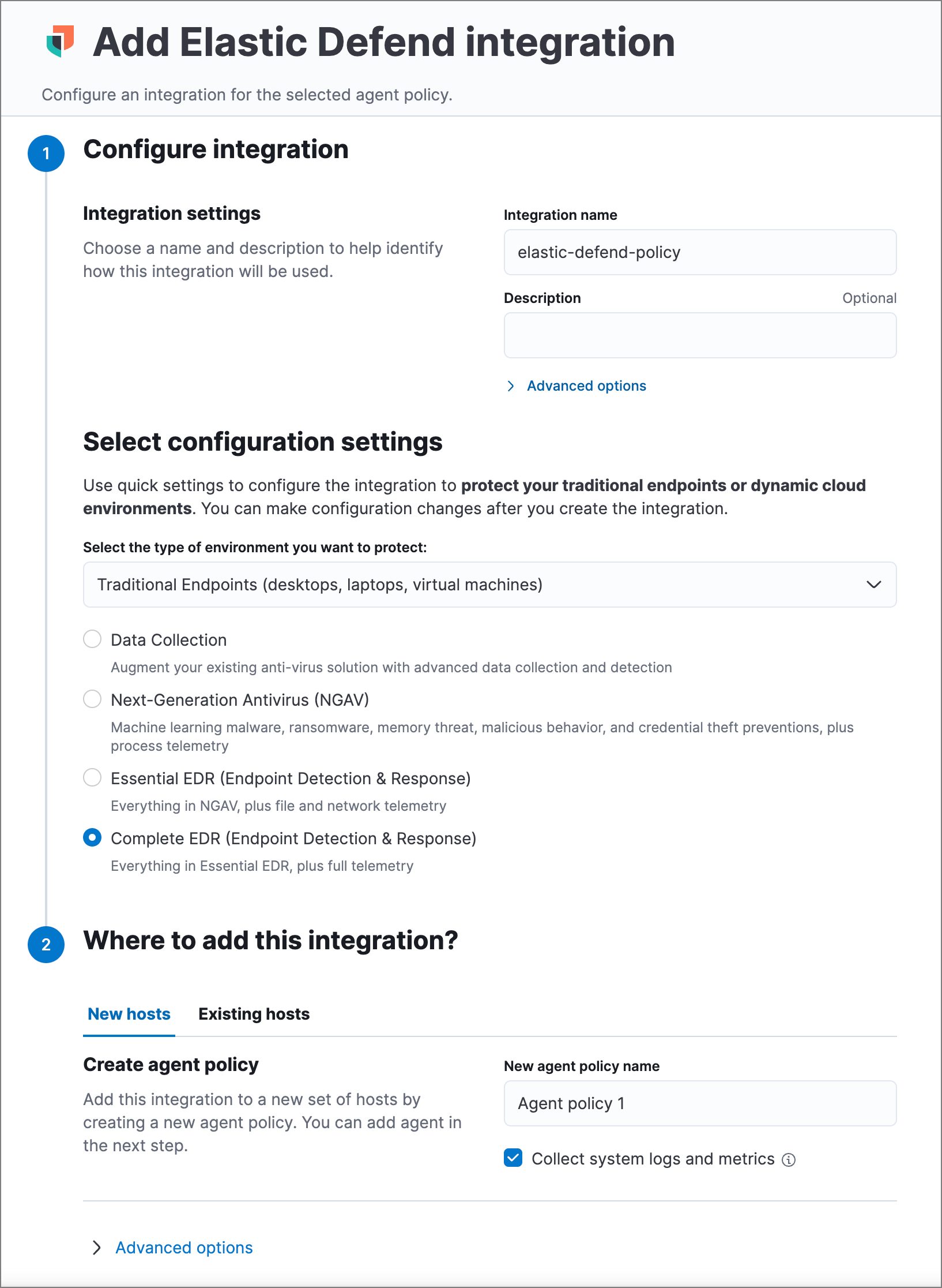 Add Elastic Defend integration page