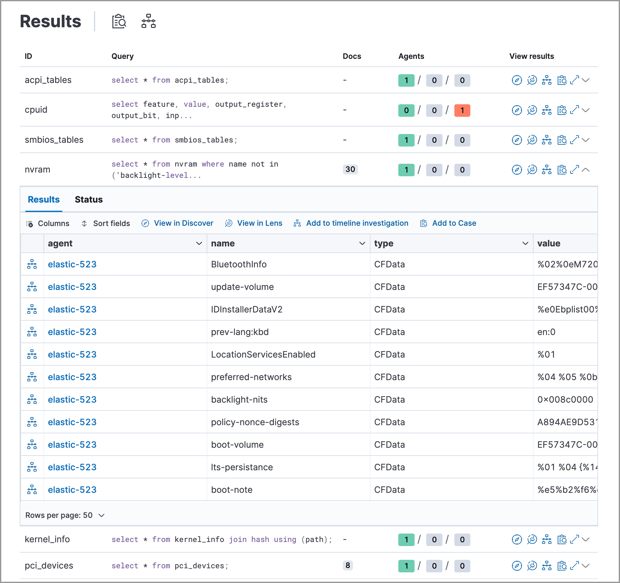 Shows query results